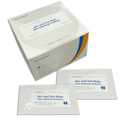 Método de química seca de tiras de prueba de ácido úrico de sangre entera o suero